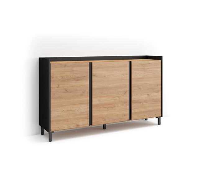 Aparador sala de jantar, sala, cozinha, entrada, tv, 156x35x91cm, 3 portas, design industrial, led, estilo moderno, carvalho e preto