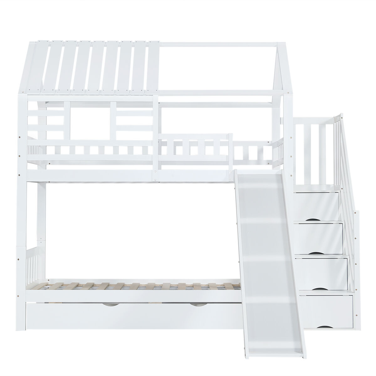 Beliche 90x200 - casa com escada e escorregador, escada com arrumação, janela e teto, corrimão de segurança, gaveta - branco