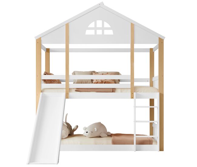 Beliche infantil 90x200 cm - com janelas, escorregador, escada angular e grades de segurança - branco+natural