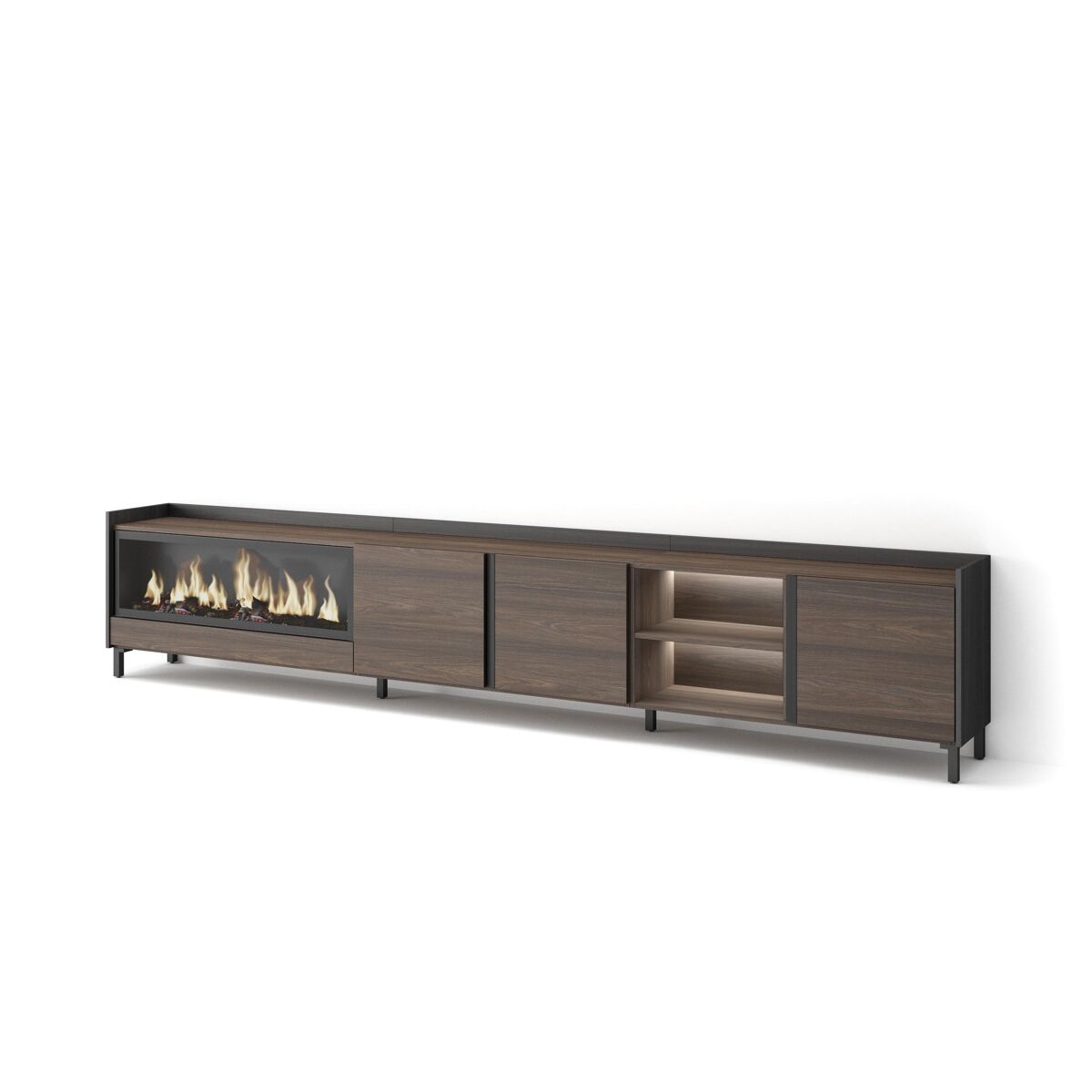 Móvel de tv, muito espaço de arrumação, 315x35x61cm, para televisores até 80", lareira eléctrica xxl, design industrial, led, estilo moderno, carvalho