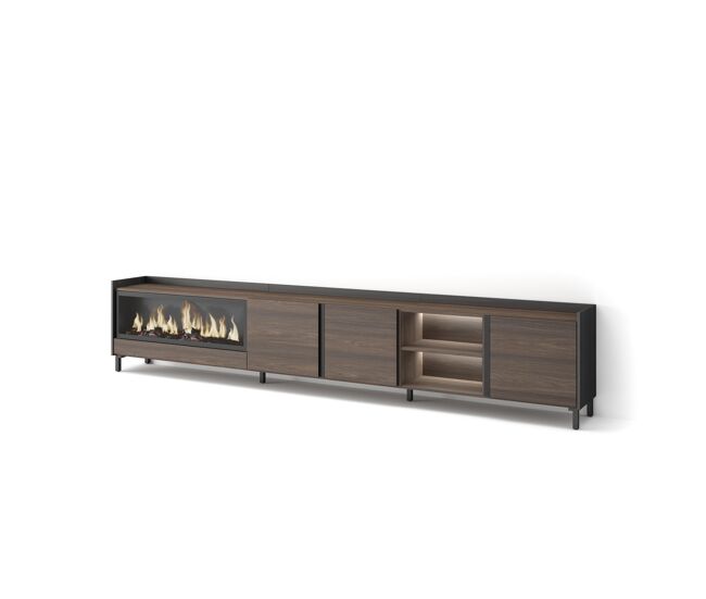 Móvel de tv, muito espaço de arrumação, 315x35x61cm, para televisores até 80", lareira eléctrica xxl, design industrial, led, estilo moderno, carvalho