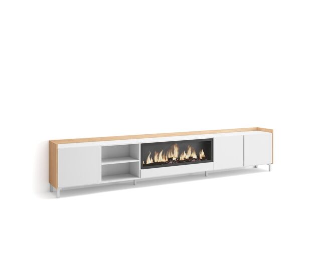 Móvel de tv, muito espaço de arrumação, 315x35x61cm, para televisores até 80", lareira eléctrica xxl, design industrial, estilo moderno, branco e