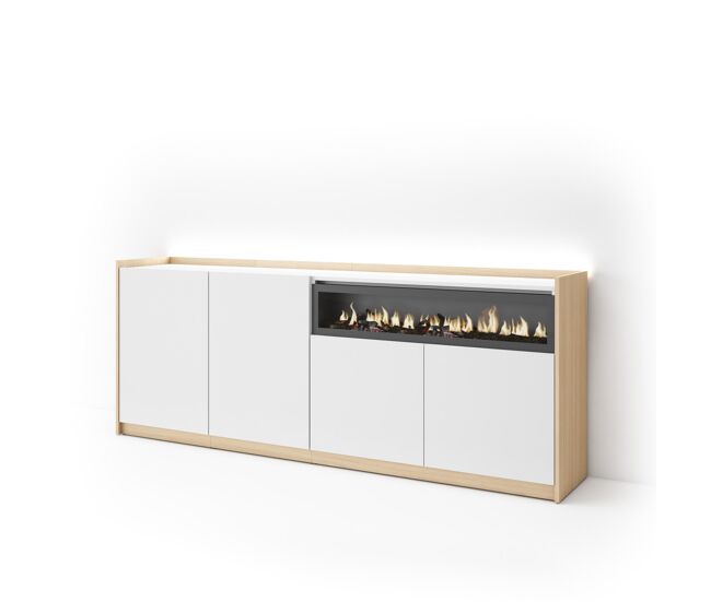 Aparador sala de jantar, sala, cozinha, entrada, tv, 207x37x80cm, 4 portas, lareira eléctrica, led, estilo moderno, branco e carvalho soft