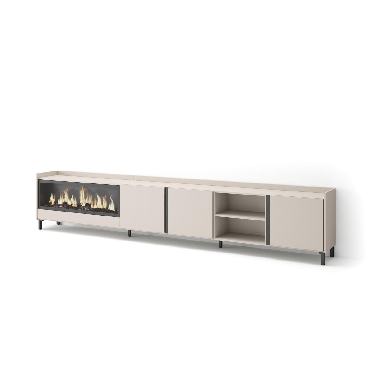 Móvel de tv, muito espaço de arrumação, 315x35x61cm, para televisores até 80", lareira eléctrica xxl, design industrial, estilo moderno, bege