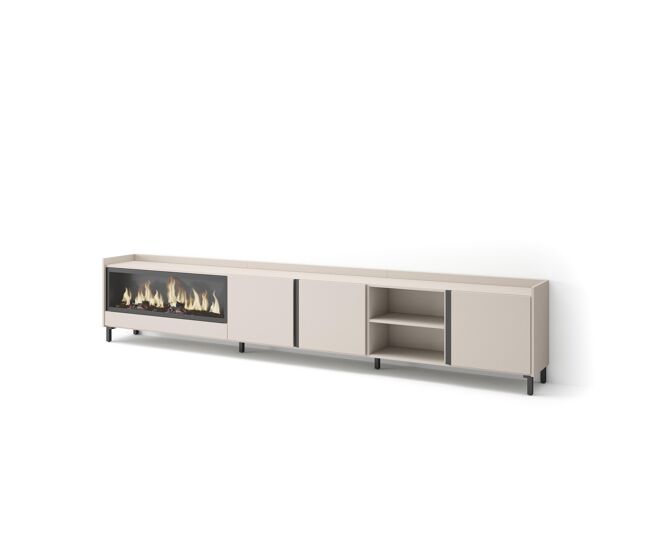 Móvel de tv, muito espaço de arrumação, 315x35x61cm, para televisores até 80", lareira eléctrica xxl, design industrial, estilo moderno, bege