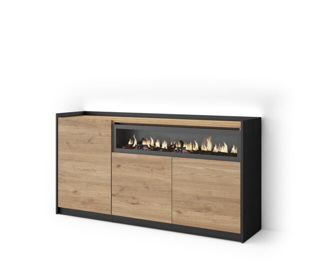 Aparador sala de jantar, sala, cozinha, entrada, tv, 156x37x80cm, 3 portas, lareira eléctrica, led, estilo moderno, carvalho e preto