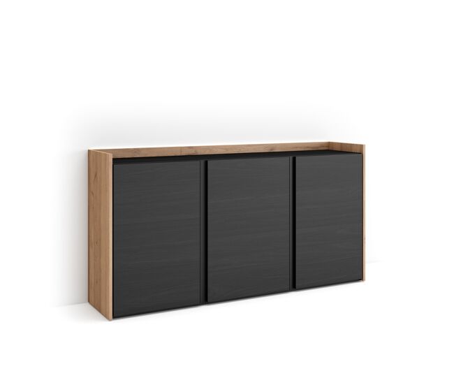 Aparador sala de jantar, sala, cozinha, entrada, tv, 156x35x80cm, 3 portas, led, estilo moderno, preto e carvalho