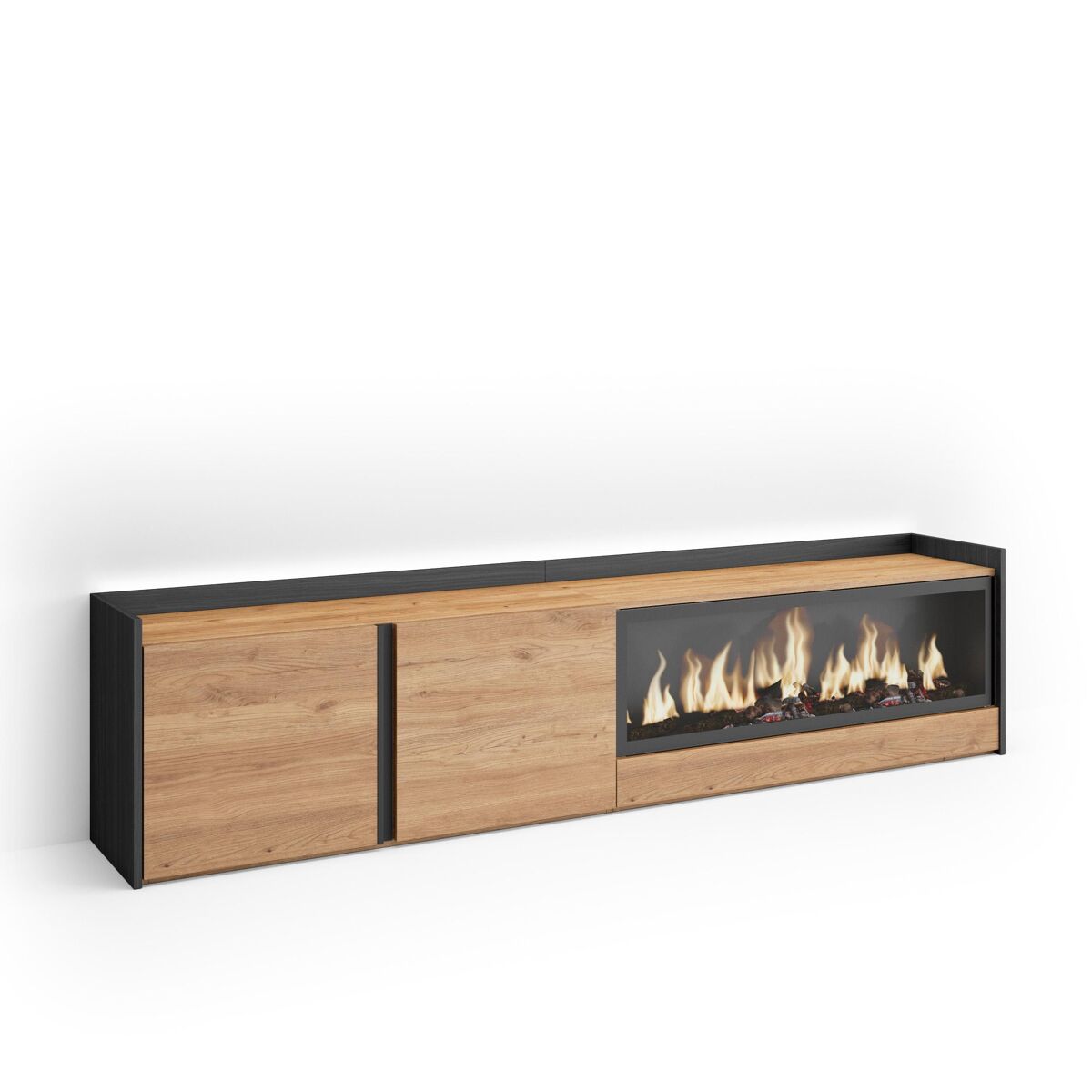 Móvel de tv, muito espaço de arrumação, 212x35x50cm, para televisores até 80", lareira eléctrica xxl, led, estilo moderno, carvalho e preto