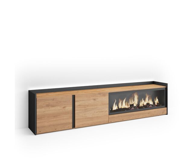 Móvel de tv, muito espaço de arrumação, 212x35x50cm, para televisores até 80", lareira eléctrica xxl, led, estilo moderno, carvalho e preto