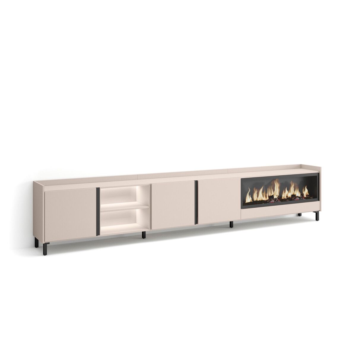 Móvel de tv, muito espaço de arrumação, 315x35x61cm, para televisores até 80", lareira eléctrica xxl, design industrial, led, estilo moderno, bege