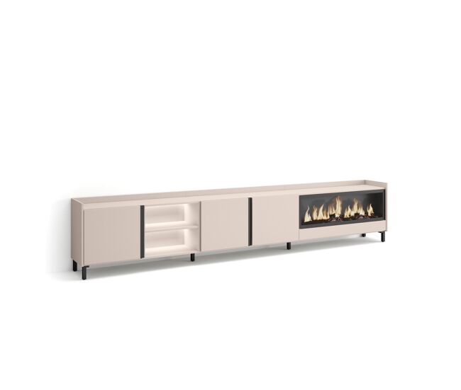 Móvel de tv, muito espaço de arrumação, 315x35x61cm, para televisores até 80", lareira eléctrica xxl, design industrial, led, estilo moderno, bege