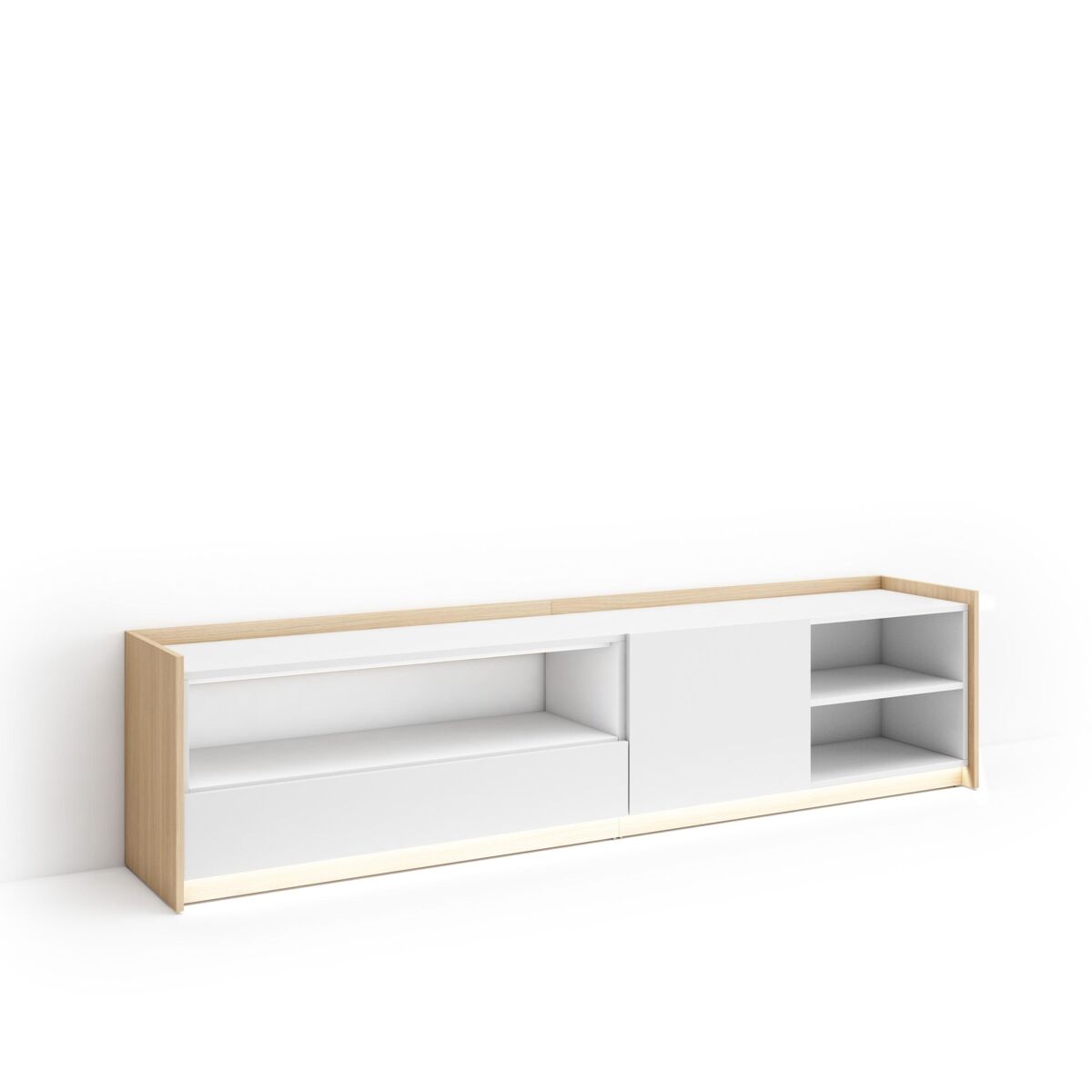 Móvel de tv, muito espaço de arrumação, 207x37x50cm, para televisores até 80", led, estilo moderno, blanc e carvalho soft
