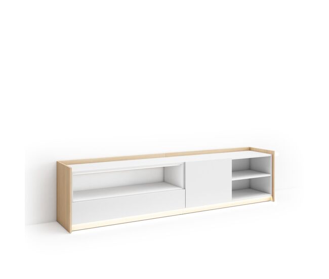 Móvel de tv, muito espaço de arrumação, 207x37x50cm, para televisores até 80", led, estilo moderno, blanc e carvalho soft