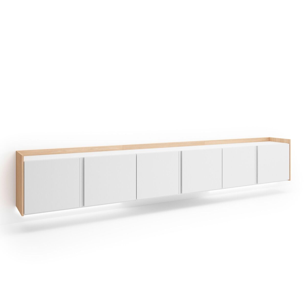 Móvel de tv, muito espaço de arrumação, 309x35x50cm, para televisores até 80", suspensos, led, estilo moderno, branco e carvalho soft
