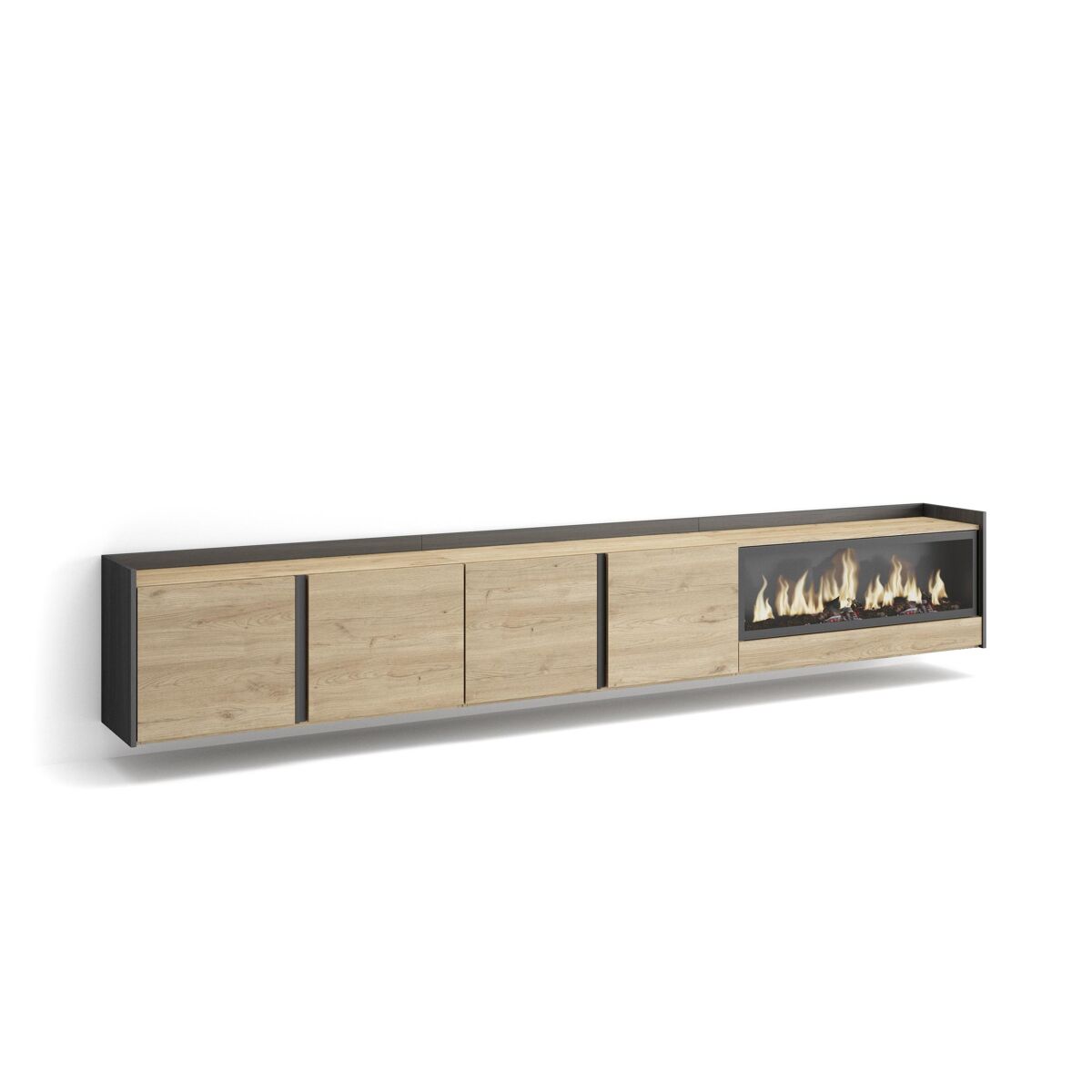 Móvel de tv, muito espaço de arrumação, 315x35x50cm, para televisores até 80", lareira électrique xxl, suspensos, estilo moderno, carvalho e noir