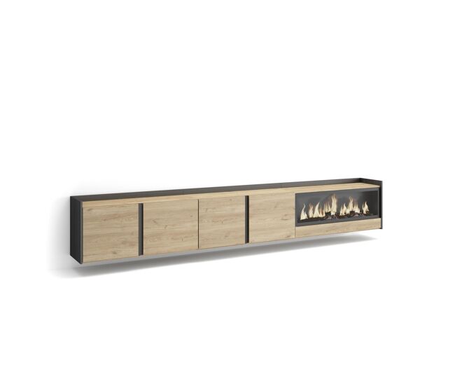 Móvel de tv, muito espaço de arrumação, 315x35x50cm, para televisores até 80", lareira électrique xxl, suspensos, estilo moderno, carvalho e noir