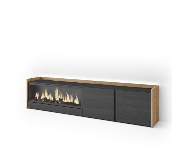 Móvel de tv, muito espaço de arrumação, 212x35x50cm, para televisores até 80", lareira eléctrica xxl, led, estilo moderno, preto e carvalho
