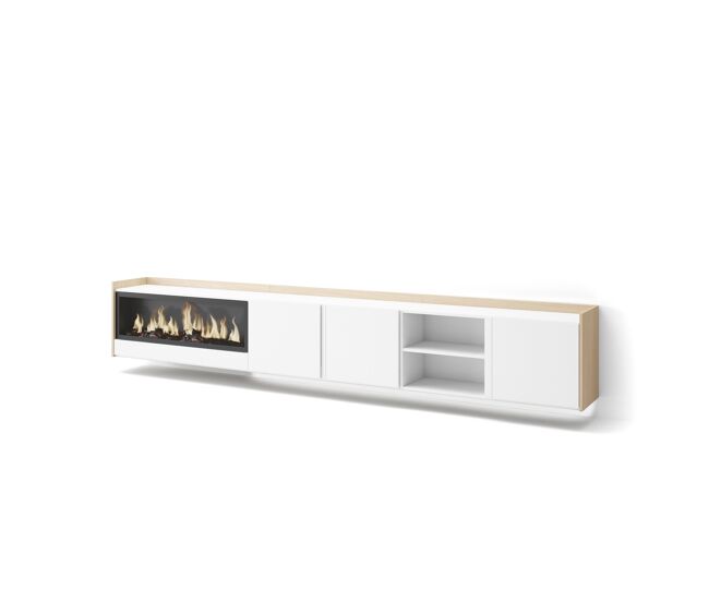 Móvel de tv, muito espaço de arrumação, 315x35x50cm, para televisores até 80", lareira eléctrica xxl, suspensos, led, estilo moderno, branco e