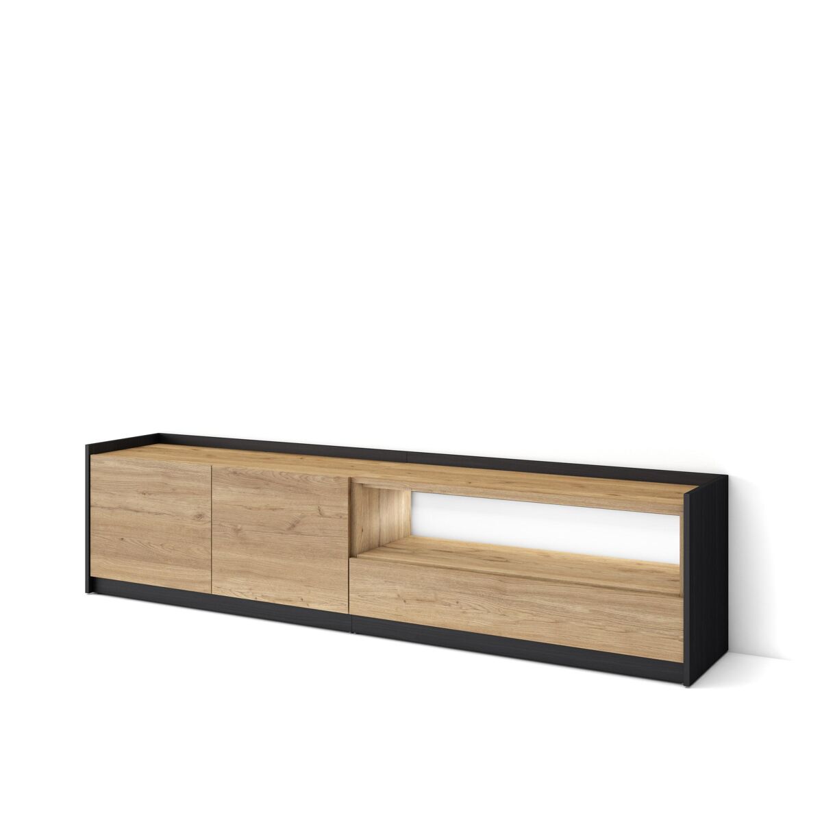 Móvel de tv, muito espaço de arrumação, 207x37x50cm, para televisores até 80", led, estilo moderno, carvalho e preto