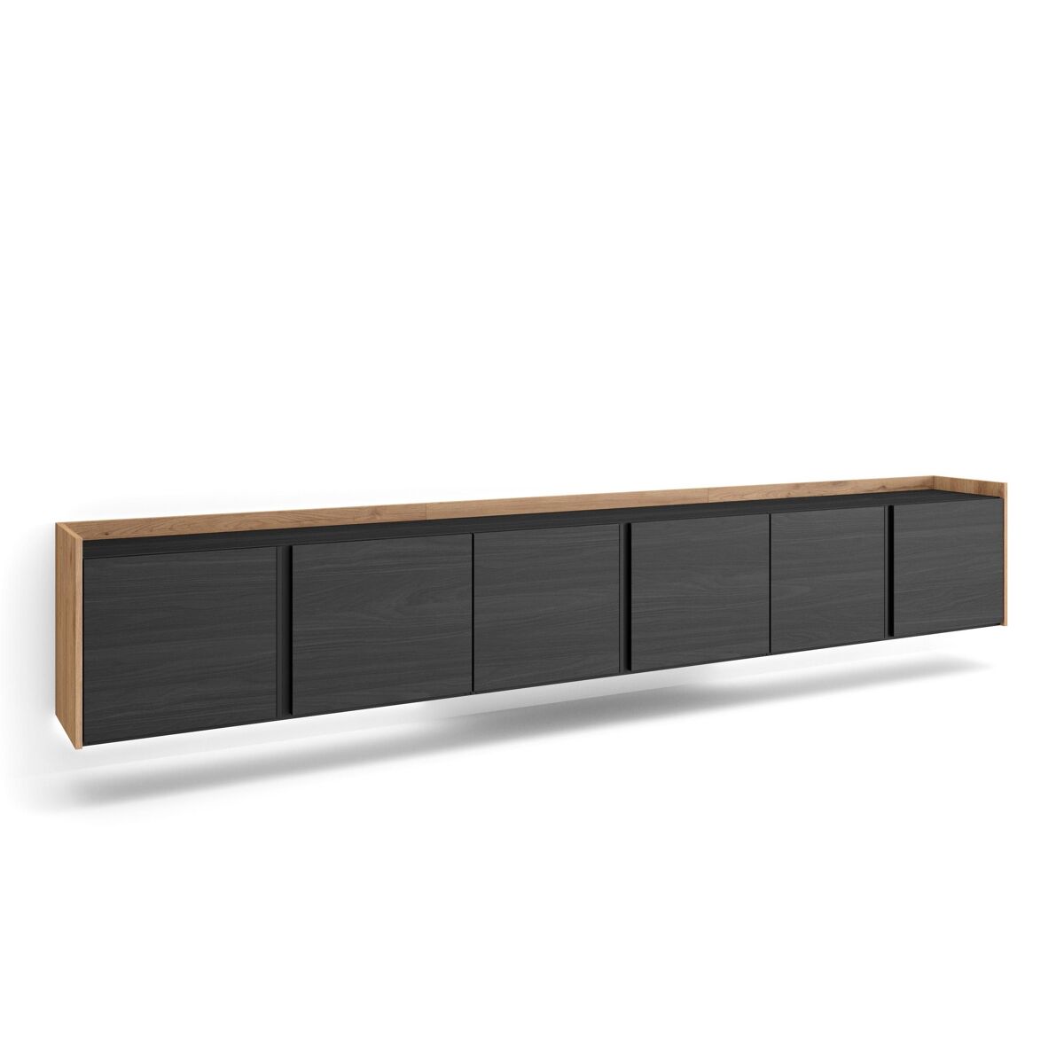 Móvel de tv, muito espaço de arrumação, 309x35x50cm, para televisores até 80", suspensos, led, estilo moderno, preto e carvalho