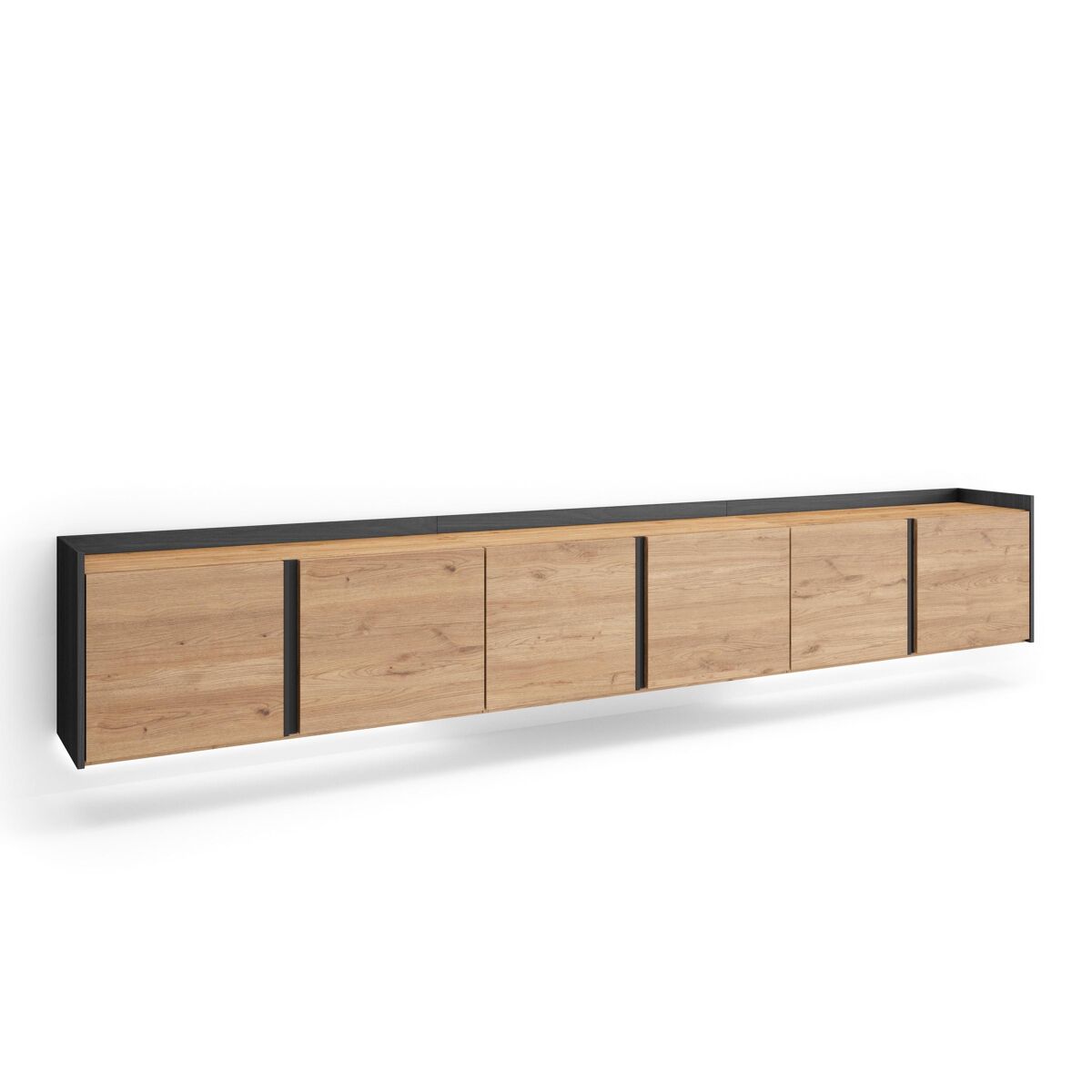 Móvel de tv, muito espaço de arrumação, 309x35x50cm, para televisores até 80", suspensos, led, estilo moderno, carvalho e preto