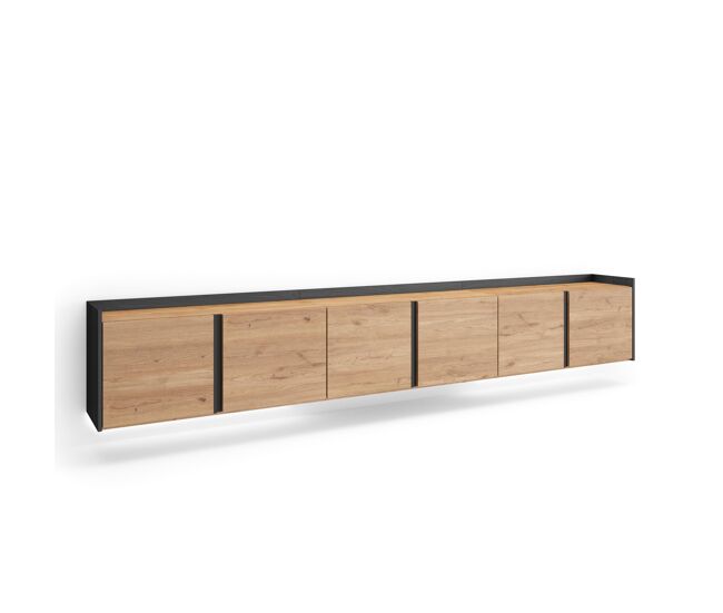 Móvel de tv, muito espaço de arrumação, 309x35x50cm, para televisores até 80", suspensos, led, estilo moderno, carvalho e preto