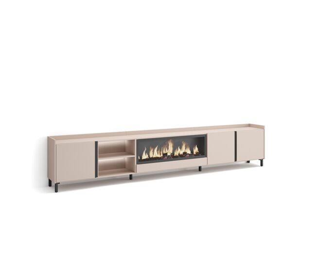 Móvel de tv, muito espaço de arrumação, 315x35x61cm, para televisores até 80", lareira eléctrica xxl, design industrial, led, estilo moderno, bege