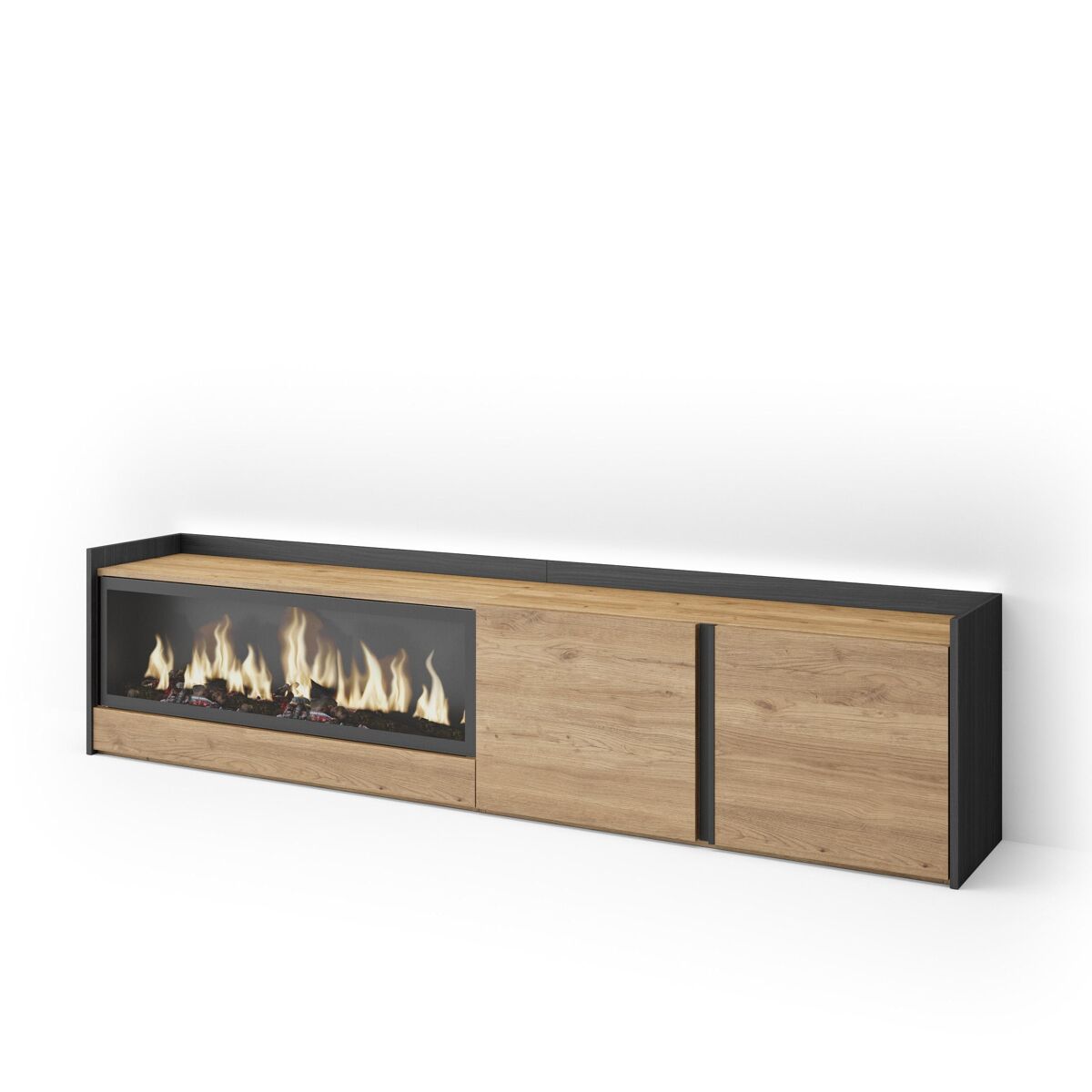 Móvel de tv, muito espaço de arrumação, 212x35x50cm, para televisores até 80", lareira eléctrica xxl, led, estilo moderno, carvalho e preto