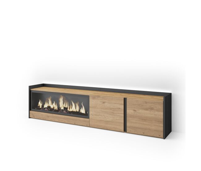 Móvel de tv, muito espaço de arrumação, 212x35x50cm, para televisores até 80", lareira eléctrica xxl, led, estilo moderno, carvalho e preto
