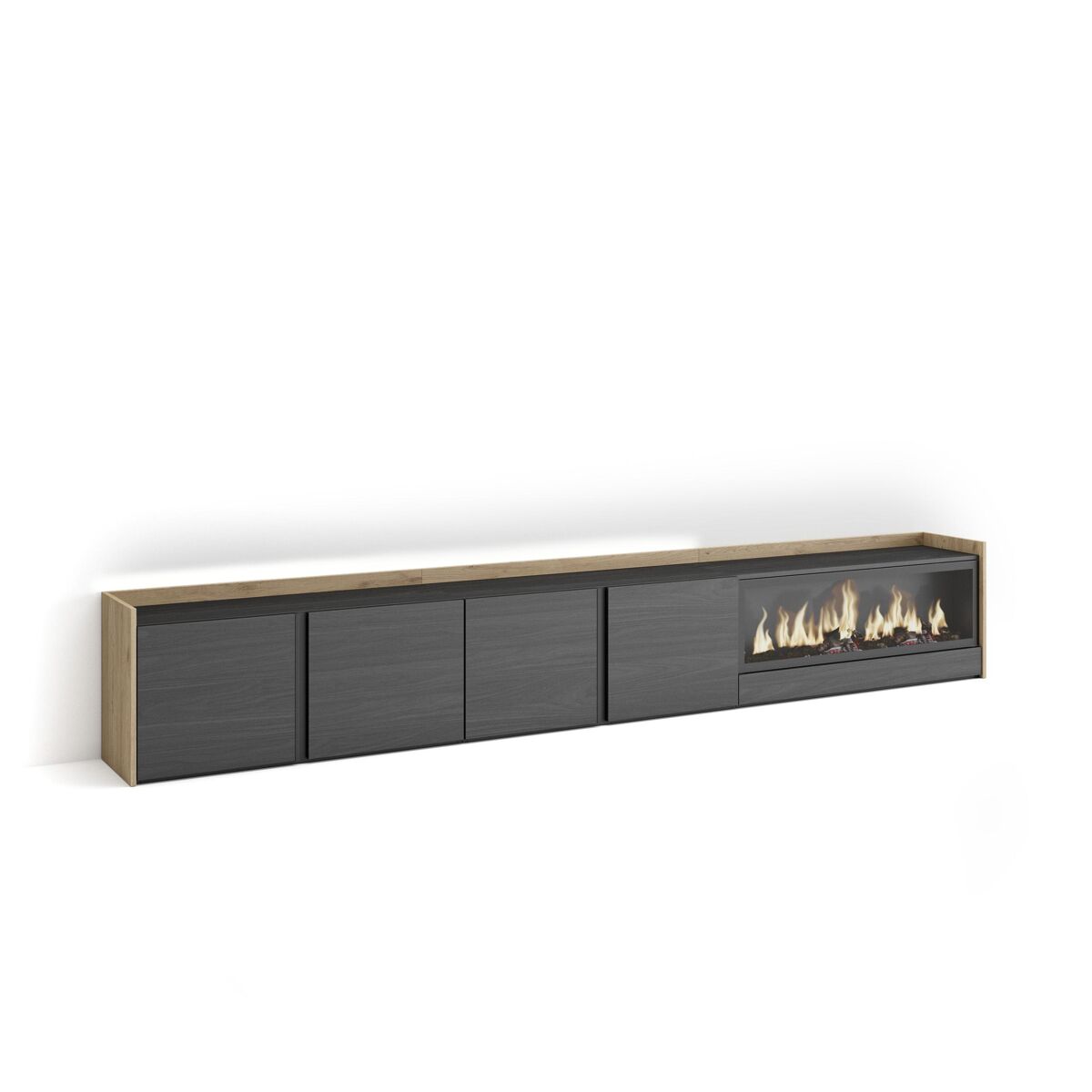 Móvel de tv, muito espaço de arrumação, 315x35x50cm, para televisores até 80", lareira eléctrica xxl, led, estilo moderno, preto e carvalho