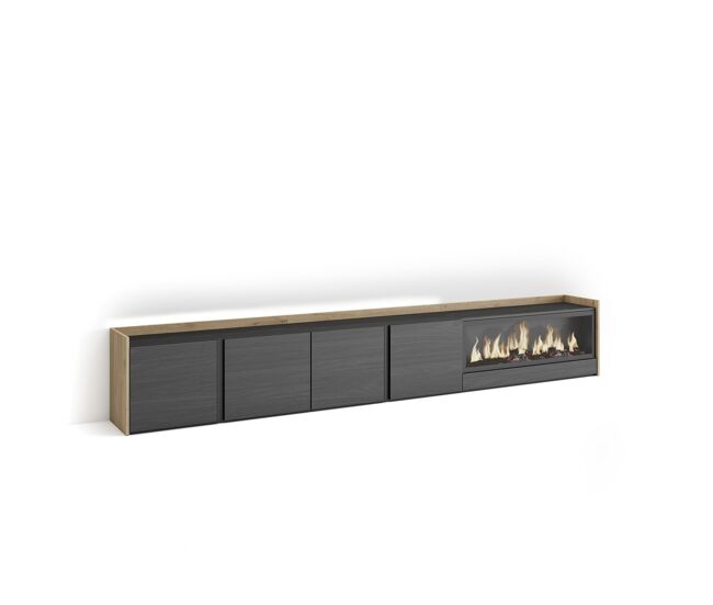 Móvel de tv, muito espaço de arrumação, 315x35x50cm, para televisores até 80", lareira eléctrica xxl, led, estilo moderno, preto e carvalho