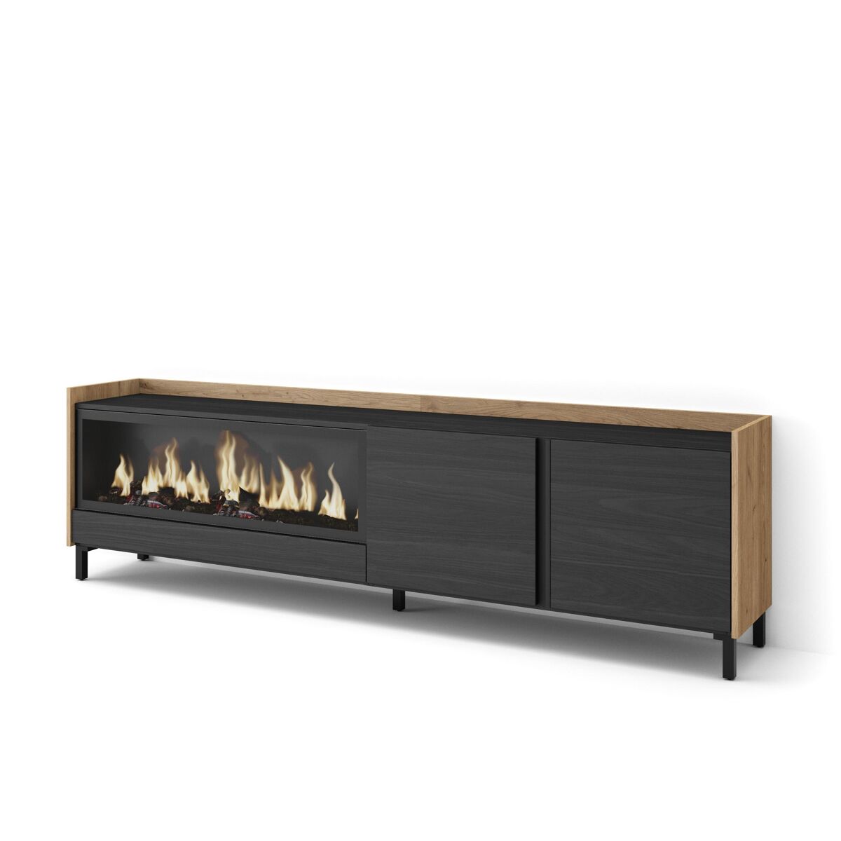 Móvel de tv, muito espaço de arrumação, 212x35x61cm, para televisores até 80", lareira eléctrica xxl, design industrial, estilo moderno, preto e