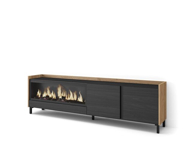 Móvel de tv, muito espaço de arrumação, 212x35x61cm, para televisores até 80", lareira eléctrica xxl, design industrial, estilo moderno, preto e