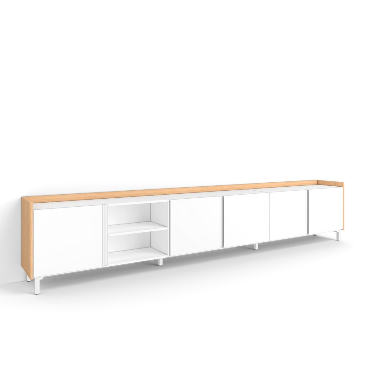 Móvel de tv, muito espaço de arrumação, 309x35x61cm, para televisores até 80", design industrial, estilo moderno, branco e carvalho soft