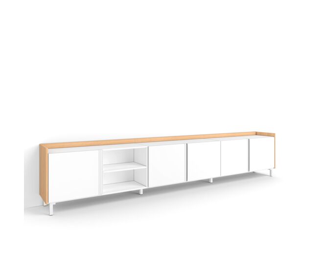 Móvel de tv, muito espaço de arrumação, 309x35x61cm, para televisores até 80", design industrial, estilo moderno, branco e carvalho soft