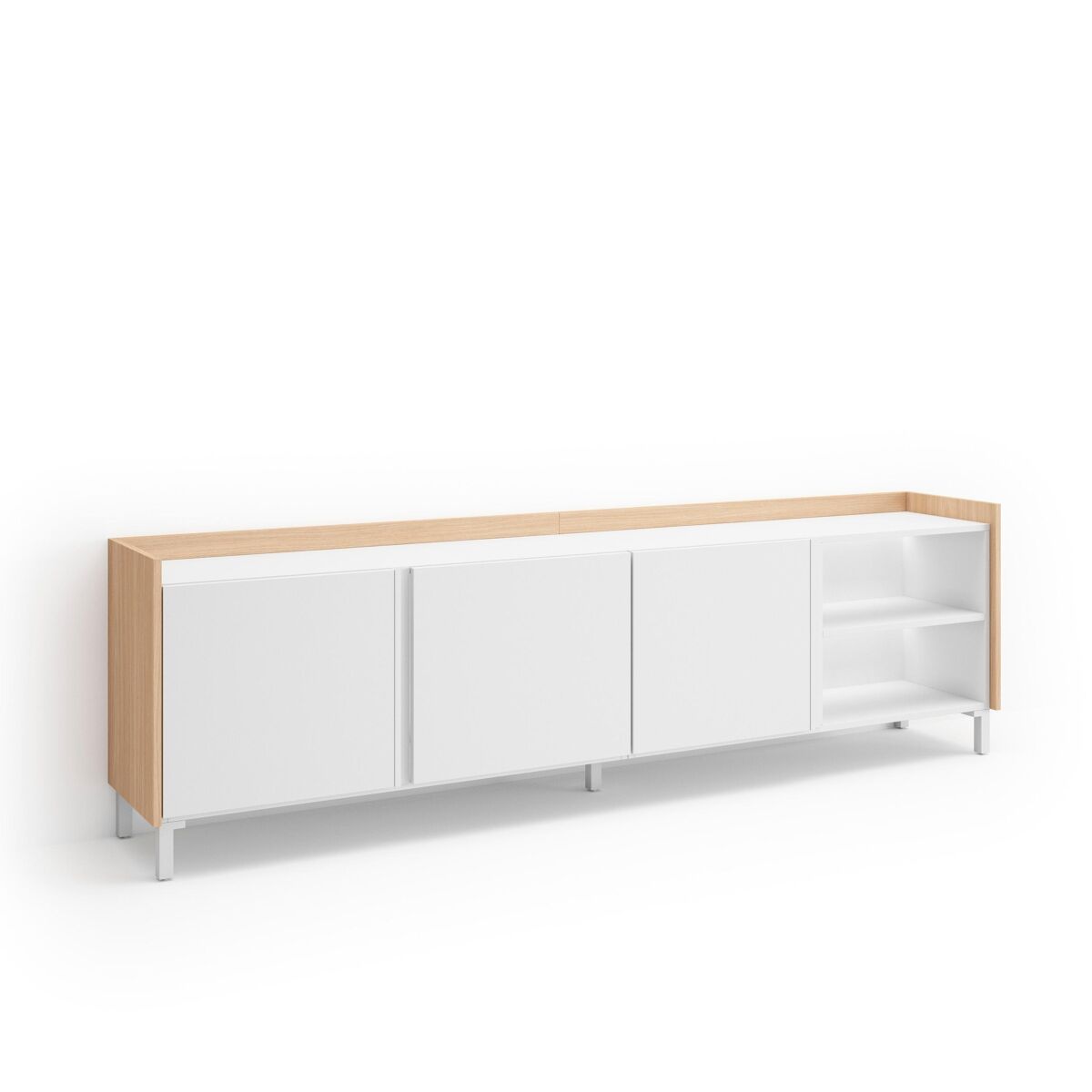 Móvel de tv, muito espaço de arrumação, 207x35x61cm, para televisores até 80", design industrial, led, estilo moderno, branco e carvalho soft