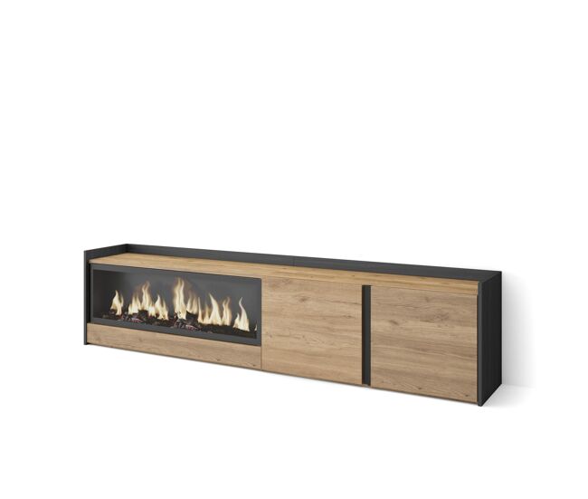 Móvel de tv, muito espaço de arrumação, 212x35x50cm, para televisores até 80", lareira eléctrica xxl, estilo moderno, carvalho e preto