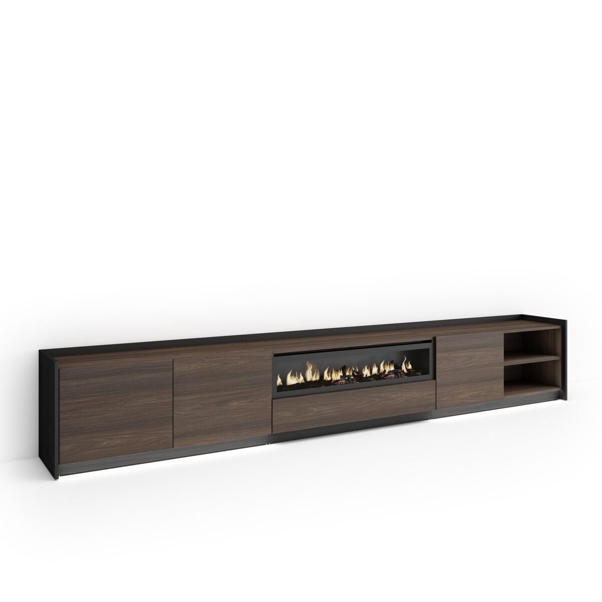 Móvel de tv, muito espaço de arrumação, 310x37x50cm, para televisores até 80", lareira électrique, led, estilo moderno, carvalho escuro e noir