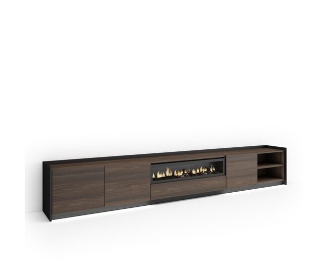 Móvel de tv, muito espaço de arrumação, 310x37x50cm, para televisores até 80", lareira électrique, led, estilo moderno, carvalho escuro e noir