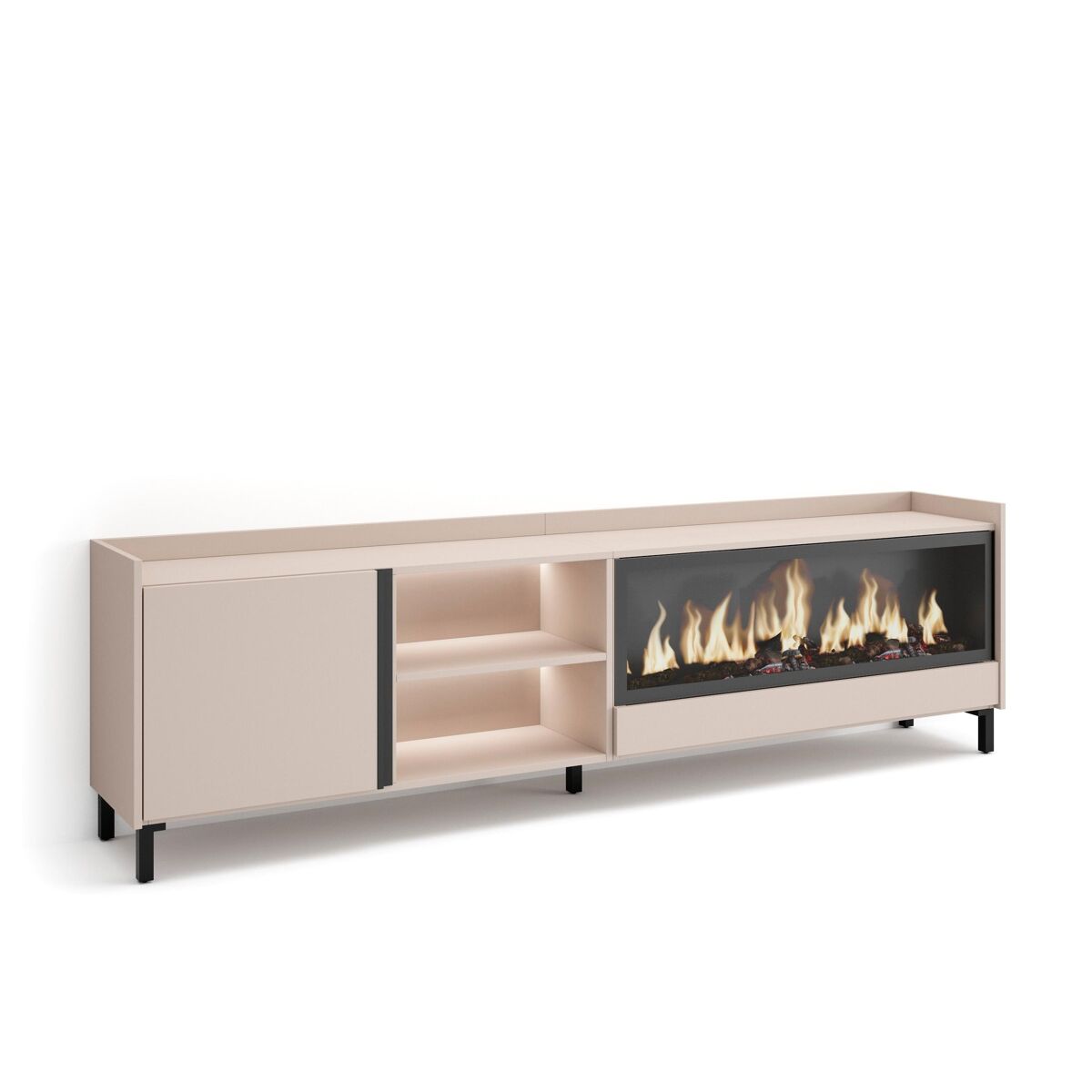 Móvel de tv, muito espaço de arrumação, 212x35x61cm, para televisores até 80", lareira eléctrica xxl, design industrial, led, estilo moderno, bege