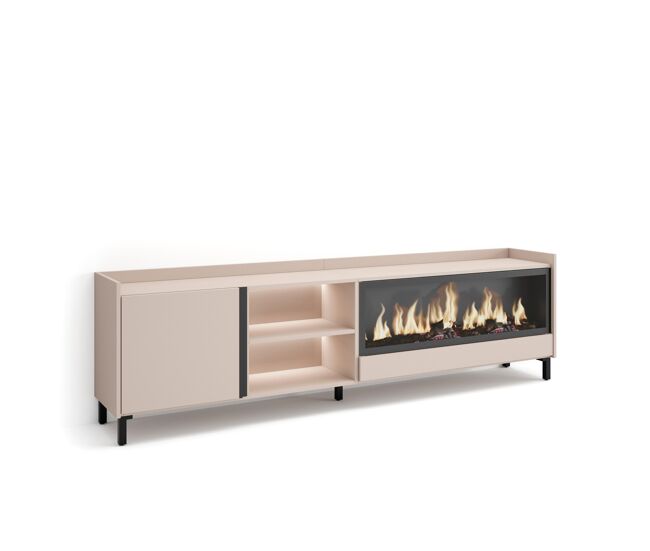 Móvel de tv, muito espaço de arrumação, 212x35x61cm, para televisores até 80", lareira eléctrica xxl, design industrial, led, estilo moderno, bege