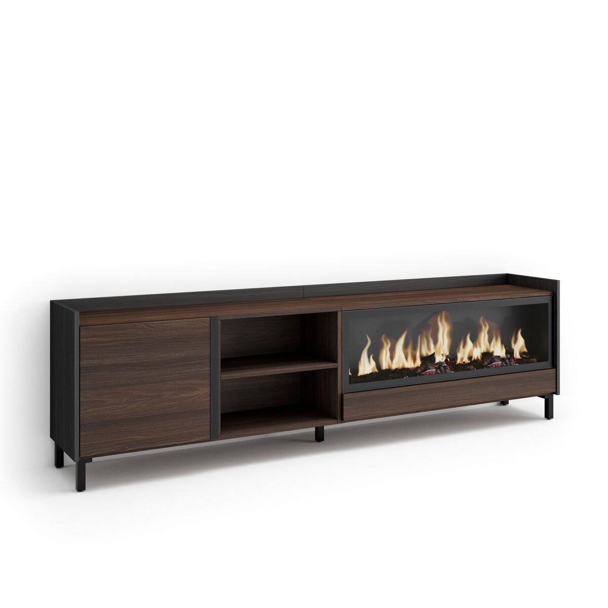 Móvel de tv, muito espaço de arrumação, 212x35x61cm, para televisores até 80", lareira électrique xxl, design industrial, estilo moderno, carvalho escuro e noir