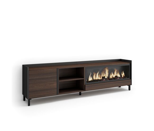 Móvel de tv, muito espaço de arrumação, 212x35x61cm, para televisores até 80", lareira électrique xxl, design industrial, estilo moderno, carvalho escuro e noir
