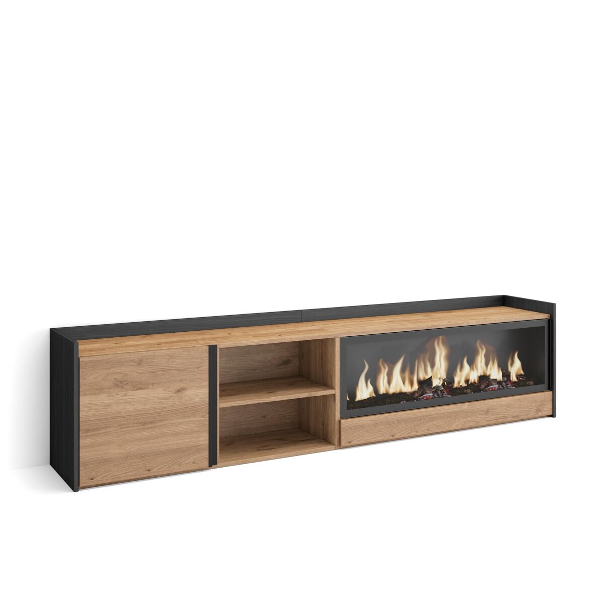 Móvel de tv, muito espaço de arrumação, 212x35x50cm, para televisores até 80", lareira eléctrica xxl, estilo moderno, carvalho e preto