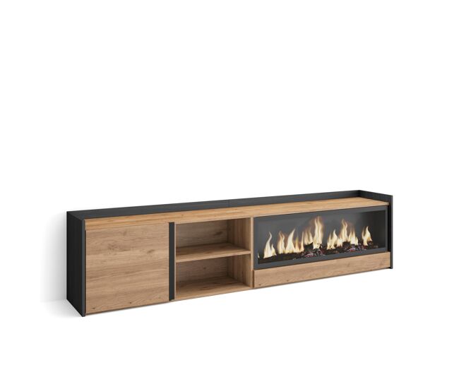 Móvel de tv, muito espaço de arrumação, 212x35x50cm, para televisores até 80", lareira eléctrica xxl, estilo moderno, carvalho e preto