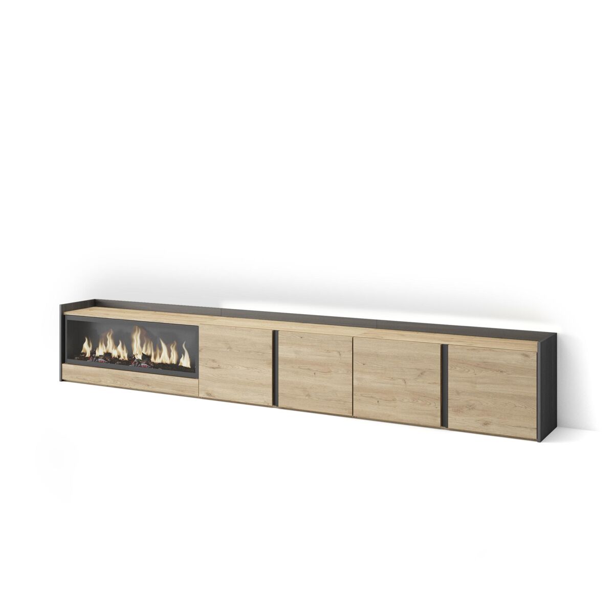 Móvel de tv, muito espaço de arrumação, 315x35x50cm, para televisores até 80", lareira électrique xxl, led, estilo moderno, carvalho e noir