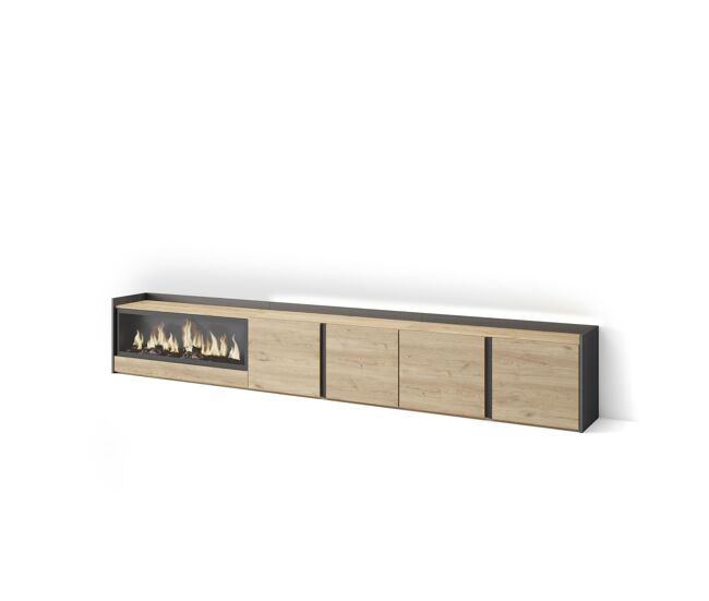 Móvel de tv, muito espaço de arrumação, 315x35x50cm, para televisores até 80", lareira électrique xxl, led, estilo moderno, carvalho e noir