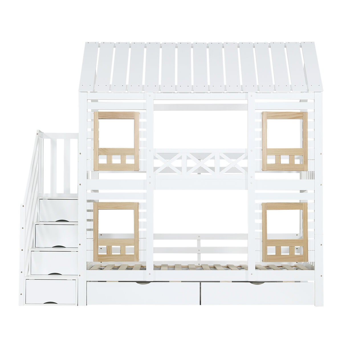 Beliche 90x200cm - com proteção, janela, 2 gavetas, escada com 4 prateleiras - branco+natural