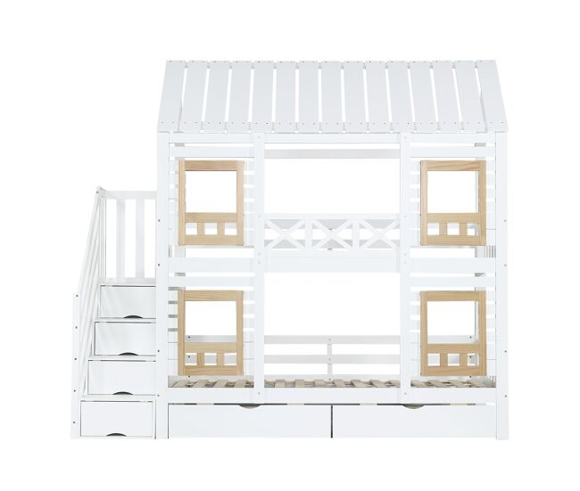 Beliche 90x200cm - com proteção, janela, 2 gavetas, escada com 4 prateleiras - branco+natural