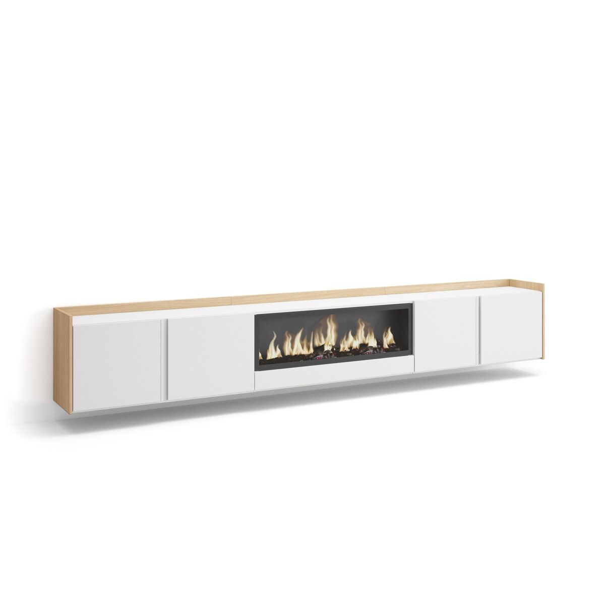 Móvel de tv, muito espaço de arrumação, 315x35x50cm, para televisores até 80", lareira eléctrica xxl, suspensos, estilo moderno, branco e carvalho